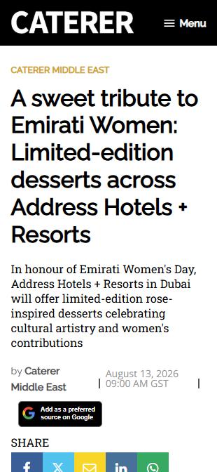 Address Hotels + Resorts press coverage, Caterer Middle East