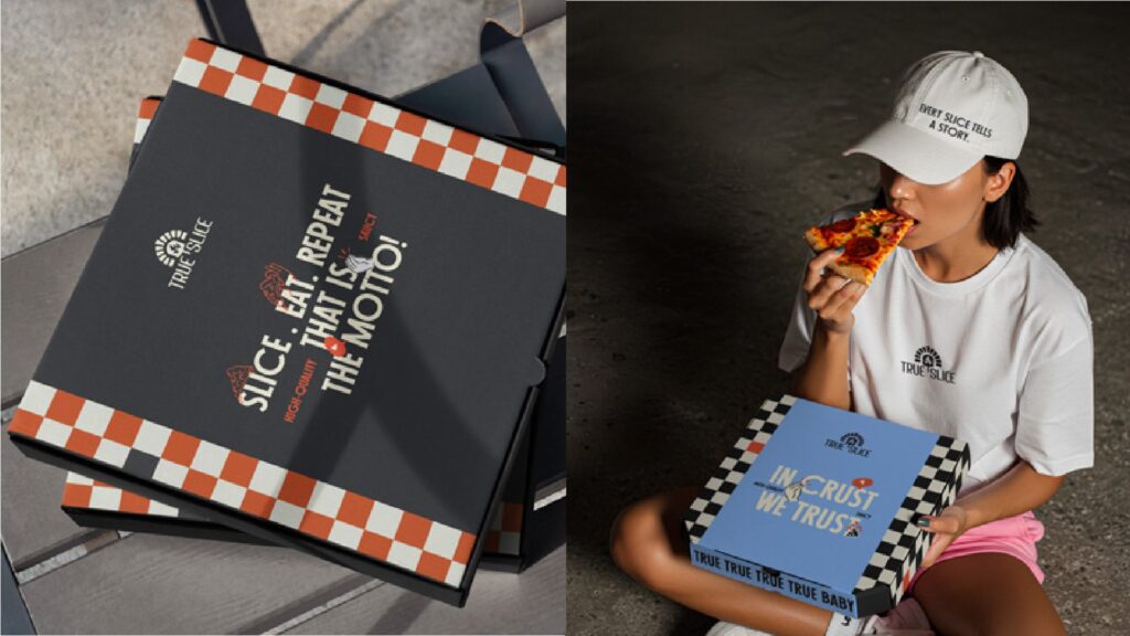 True Slice pizza boxes and branded tee in use