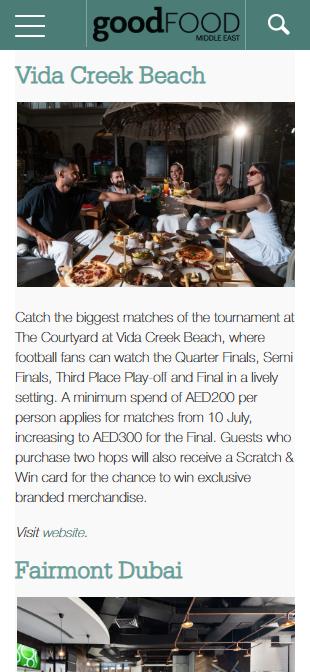 Vida Hotels + Resorts press coverage, BBC Good Food Middle East